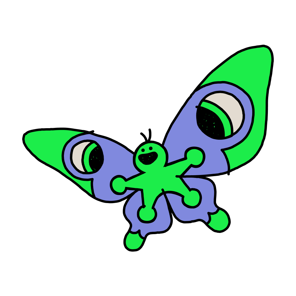 A colorful cartoon butterfly with green and purple wings, large eyes, and a smiley face, against a black background.