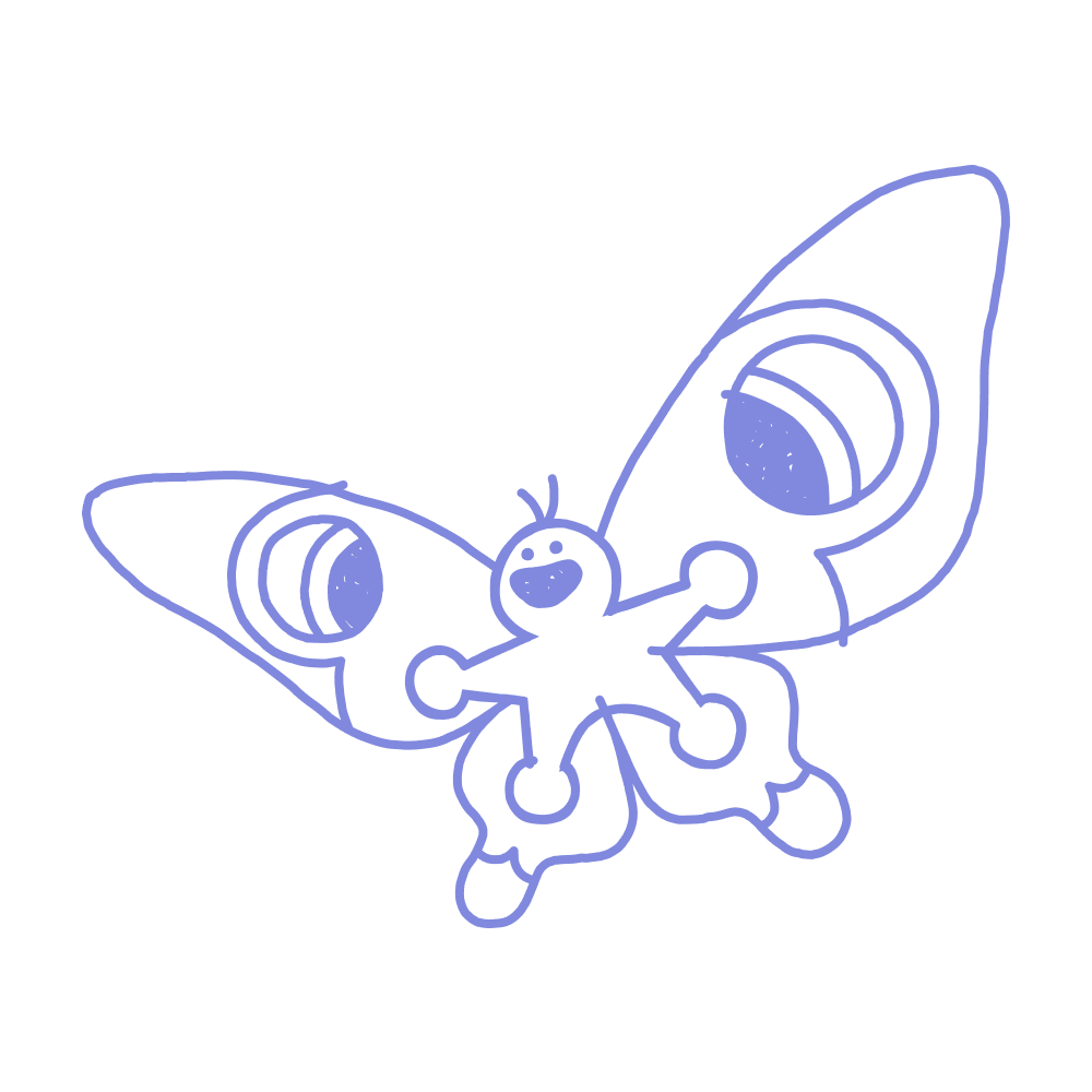 Outline drawing of a butterfly with a connector-themed body and wings, depicted in blue on a black background.