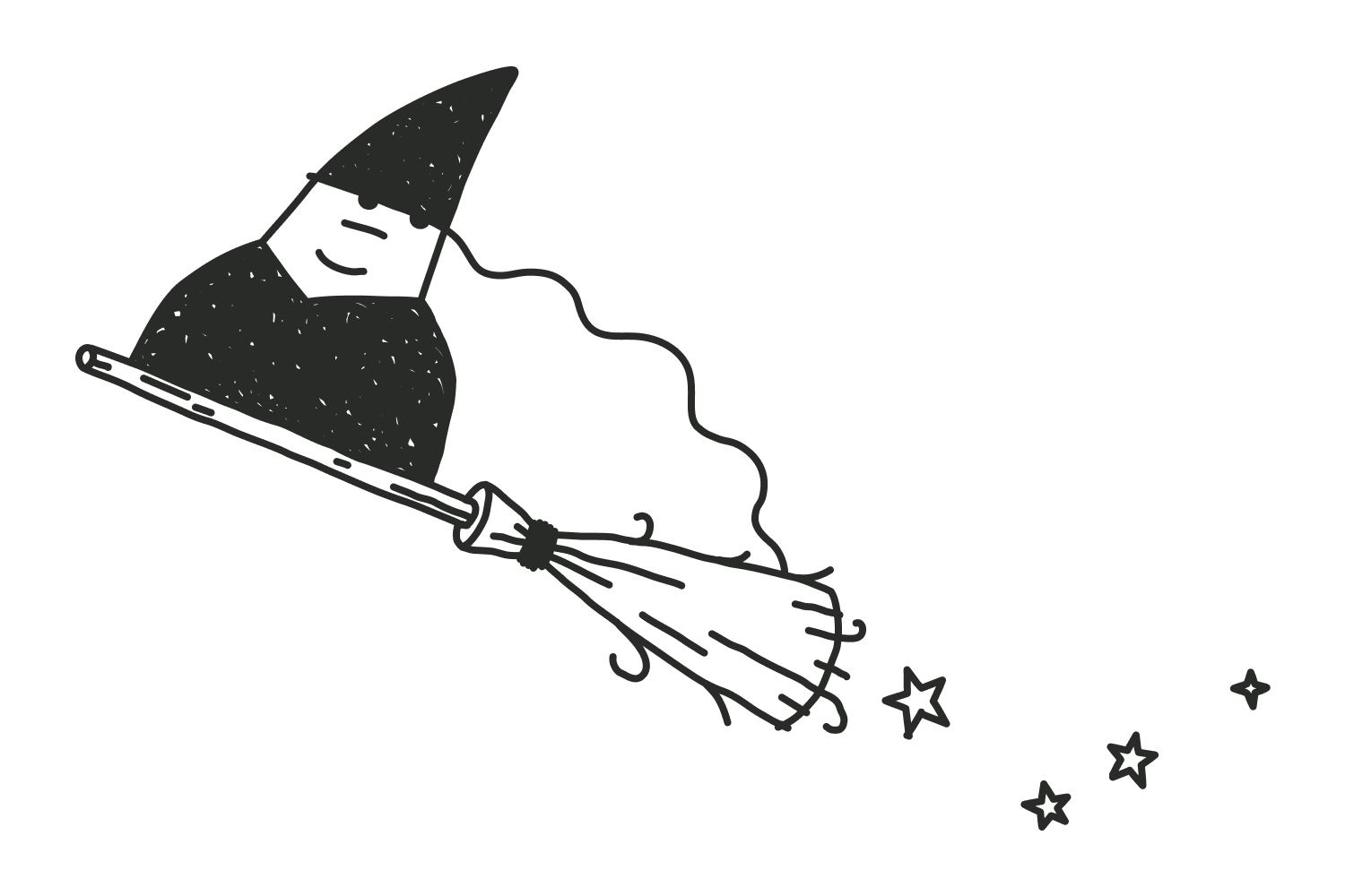 Simple line drawing of a person with a witches hat, using a broom to sweep stars across the ground.