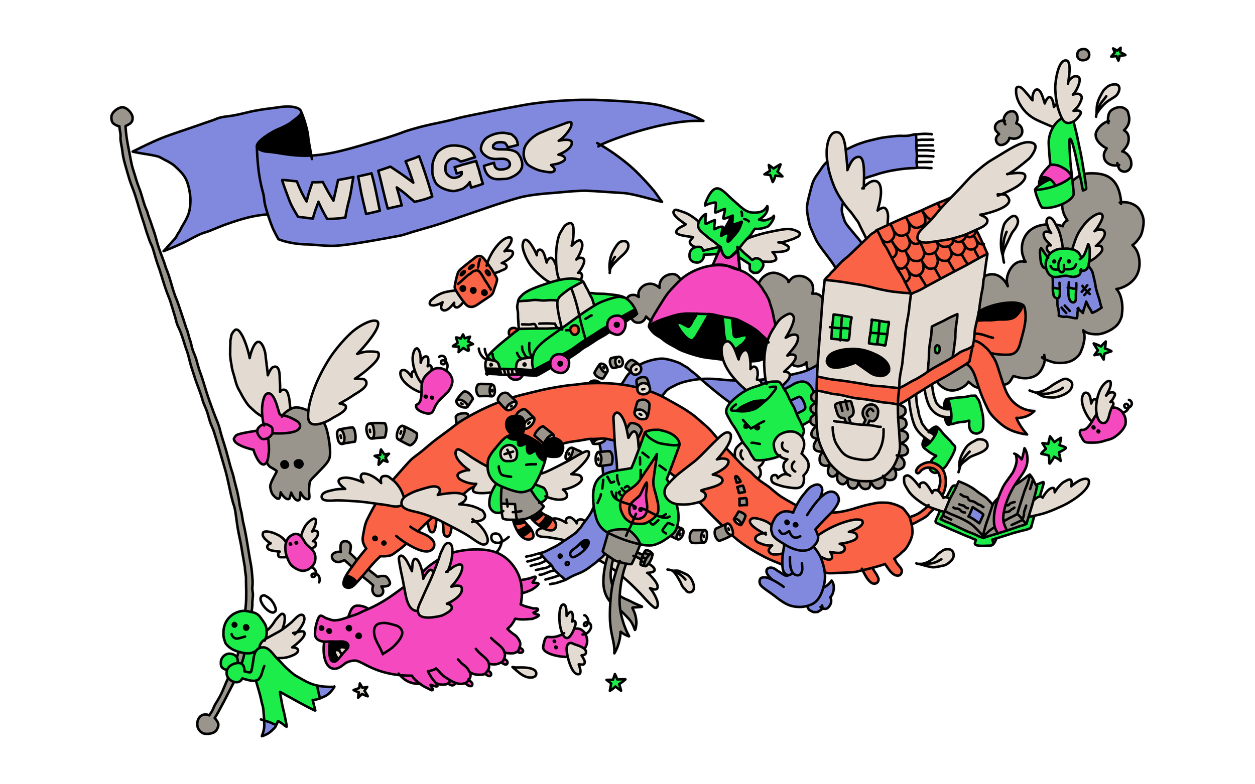 Colorful cartoon illustration of flying pigs, a house with a face, mythical creatures with wings, a car, musical notes, and flying objects, with a banner reading 'WINGS'.