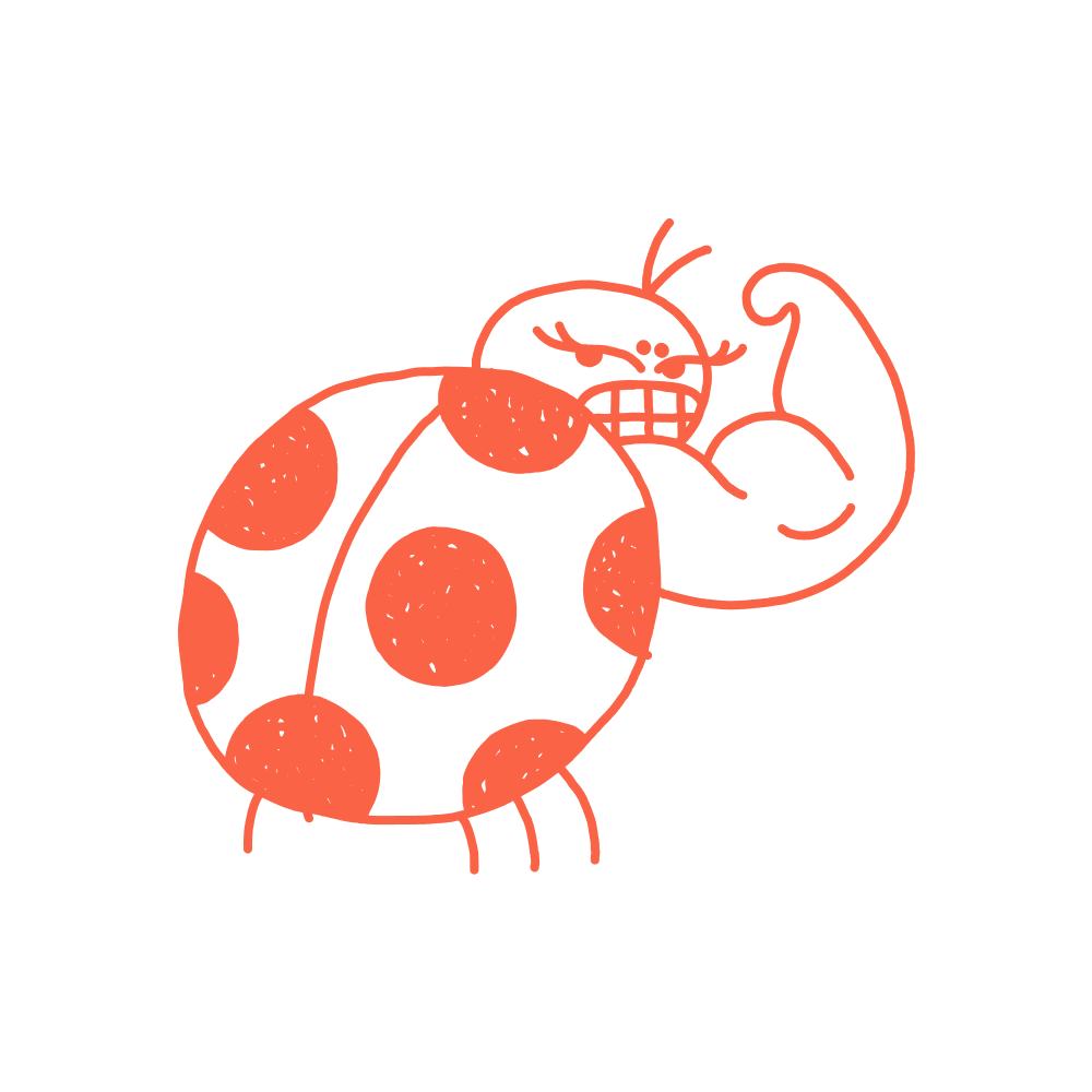 Line drawing of a ladybug with a red shell and black spots, flexing its arm in a muscle pose.