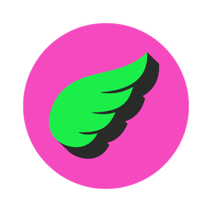 Green winged-shaped symbol on a pink circular background.