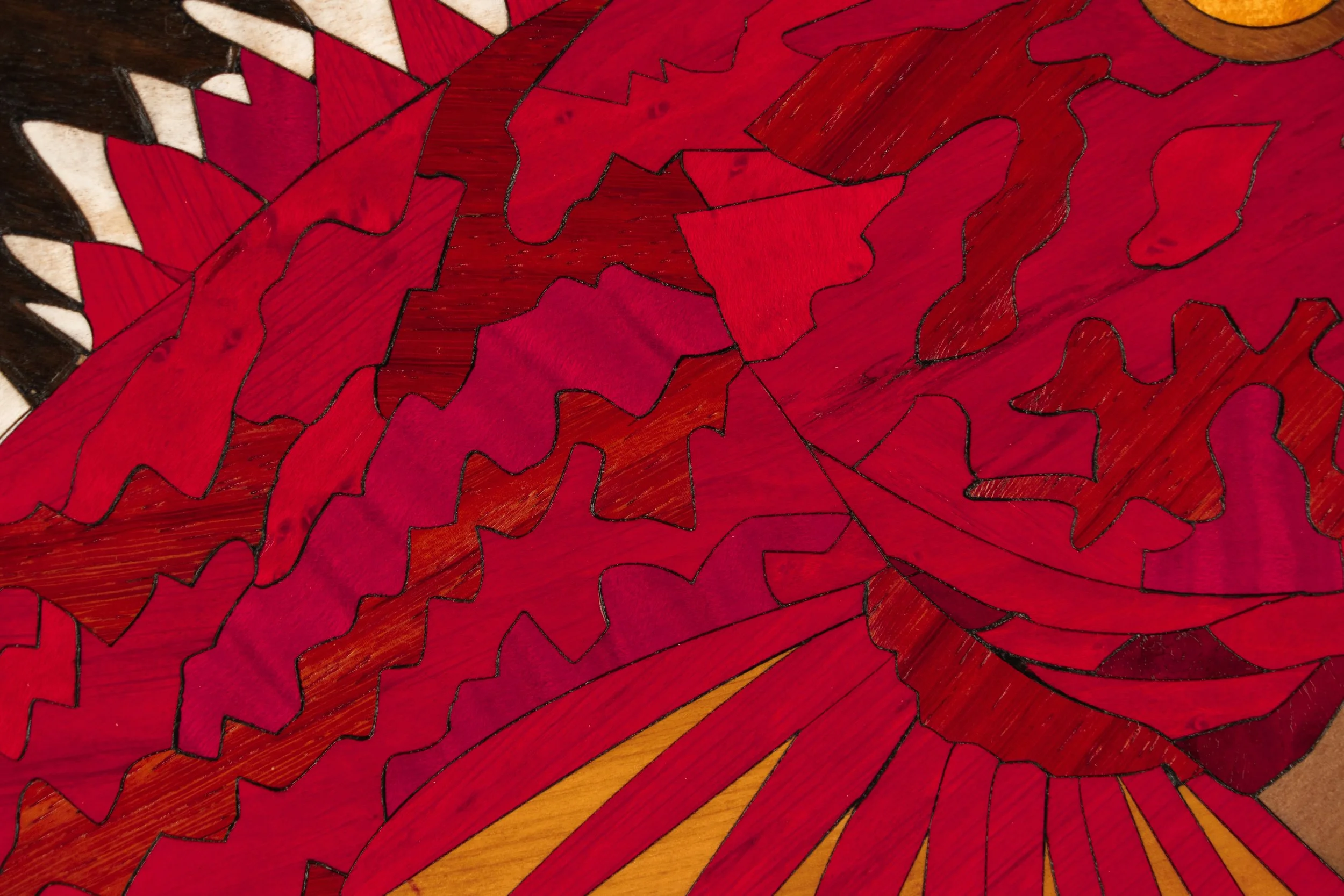 Détail d'un puzzle coloré avec des formes organiques, principalement rouge avec quelques lignes jaunes et noires.