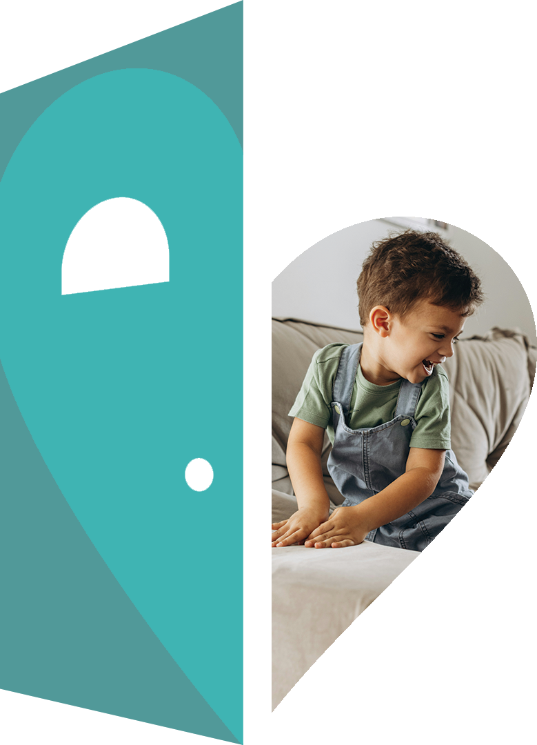 Hope + Door logo used as a photo frame featuring a smiling child playing on a couch inside the logo shape