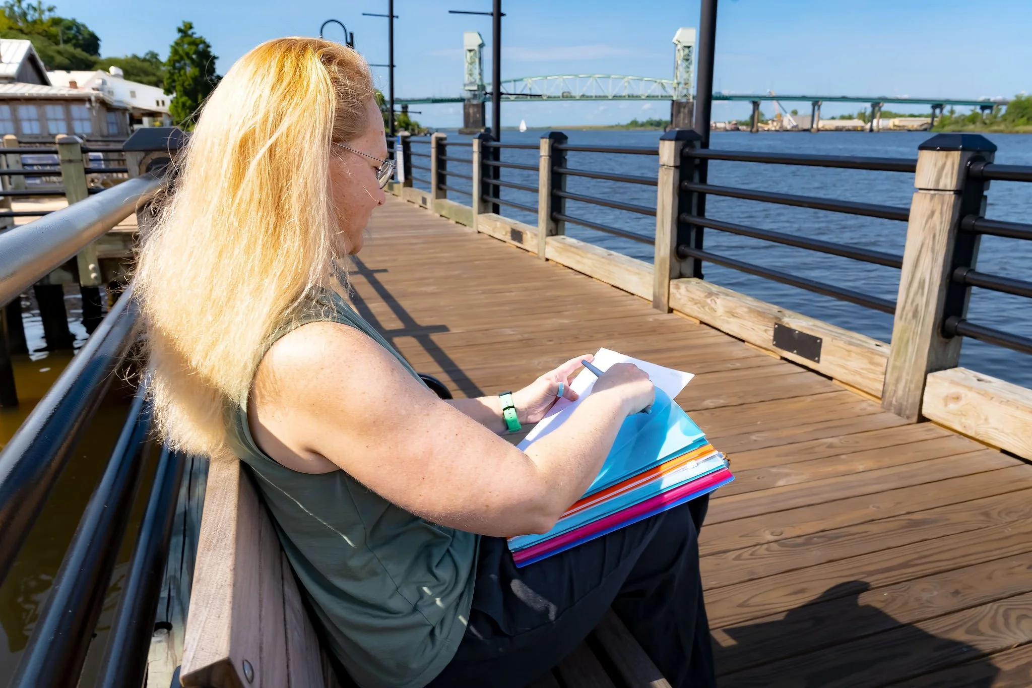 on the Riverwalk with Cape Fear Memorial Bridge & CF River in view