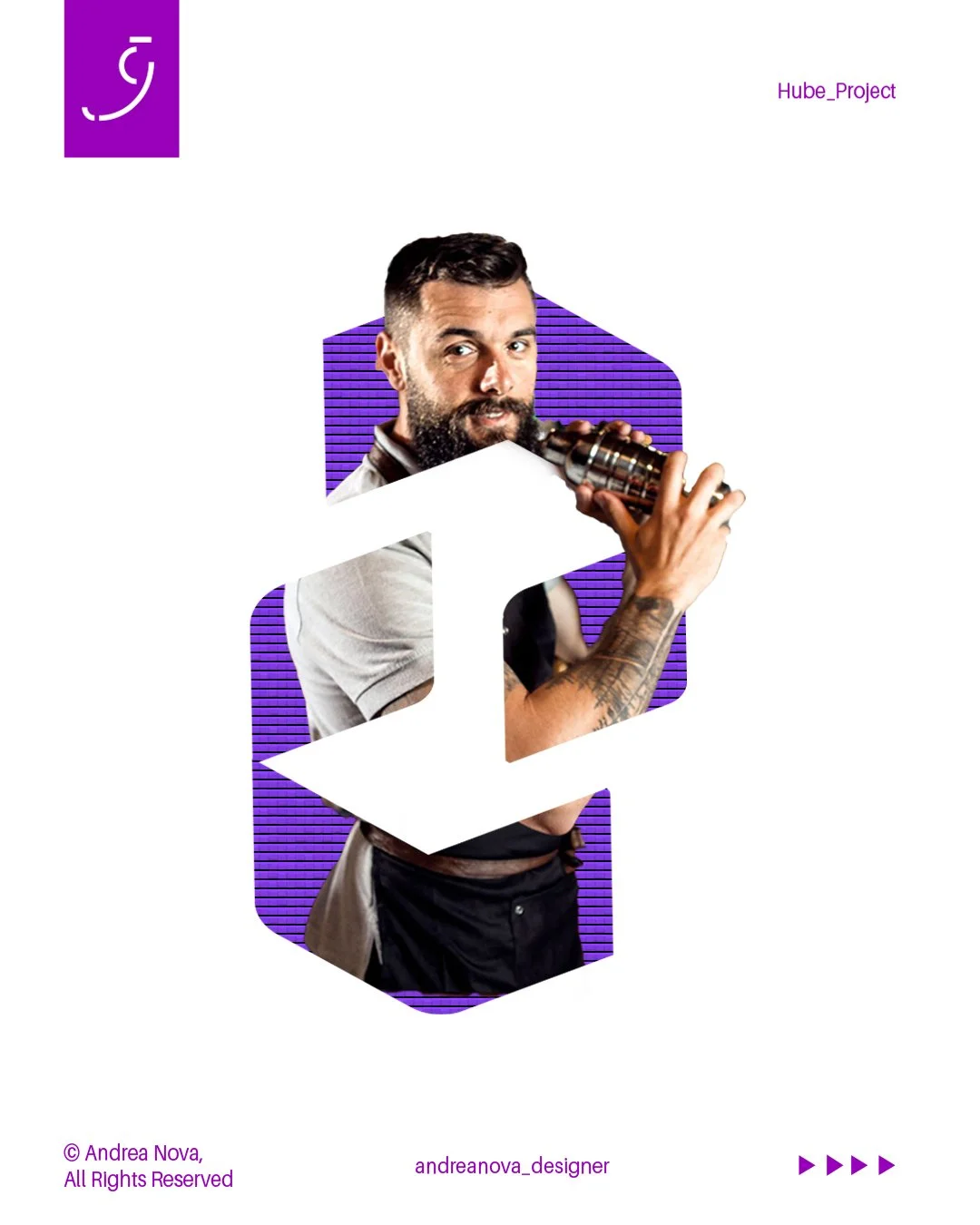 Copertina di un progetto chiamato Hube_Project con logo e grafica geometrica, raffigurante un uomo con barba che tiene un oggetto cilindrico.
