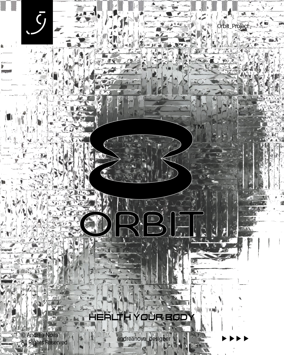 Logo dell'Orbit Project con il testo "Healthy Your Body" e il nome del designer Andrea Nova, con uno sfondo di pannelli di metallo riflettente.
