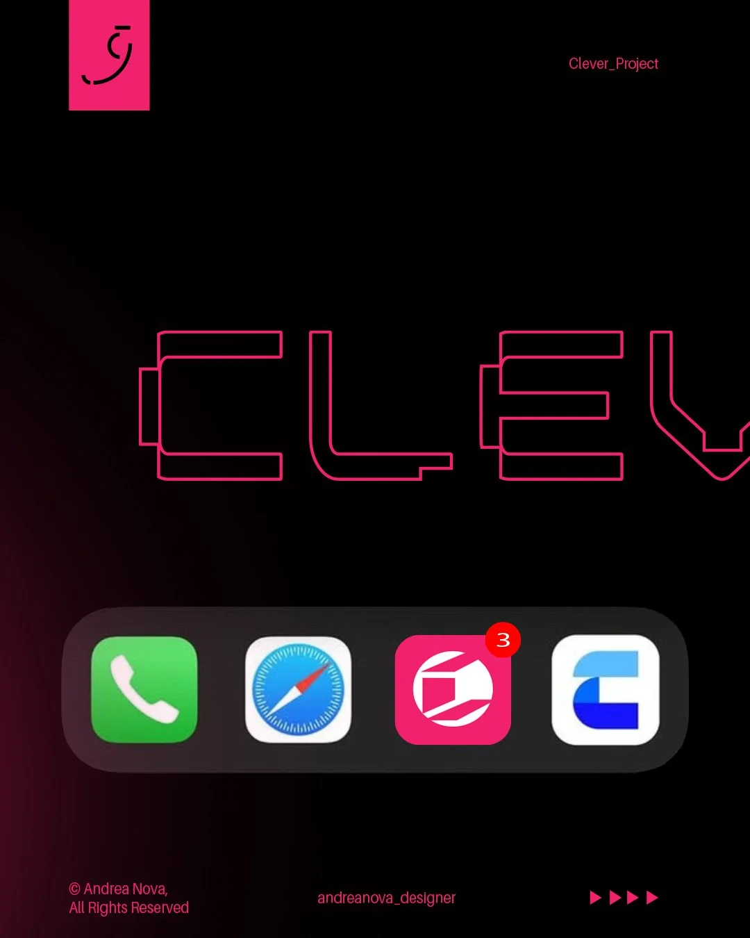 Schermata di una home di smartphone con icone delle app, sfondo nero, testo in rosa e scritto 'Clever_Project'.