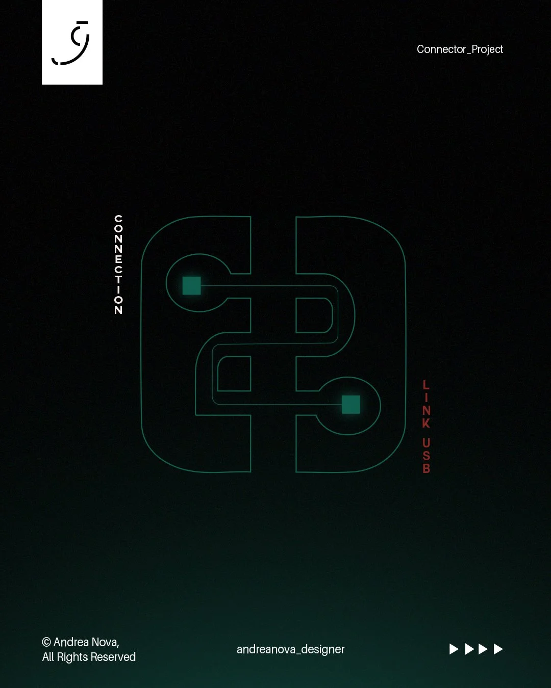 Schema di un progetto chiamato 'Connection Link USB' con linee di connettore e punti colorati, su sfondo nero, con il nome dell'autore Andrea Nova e il suo handle Instagram.
