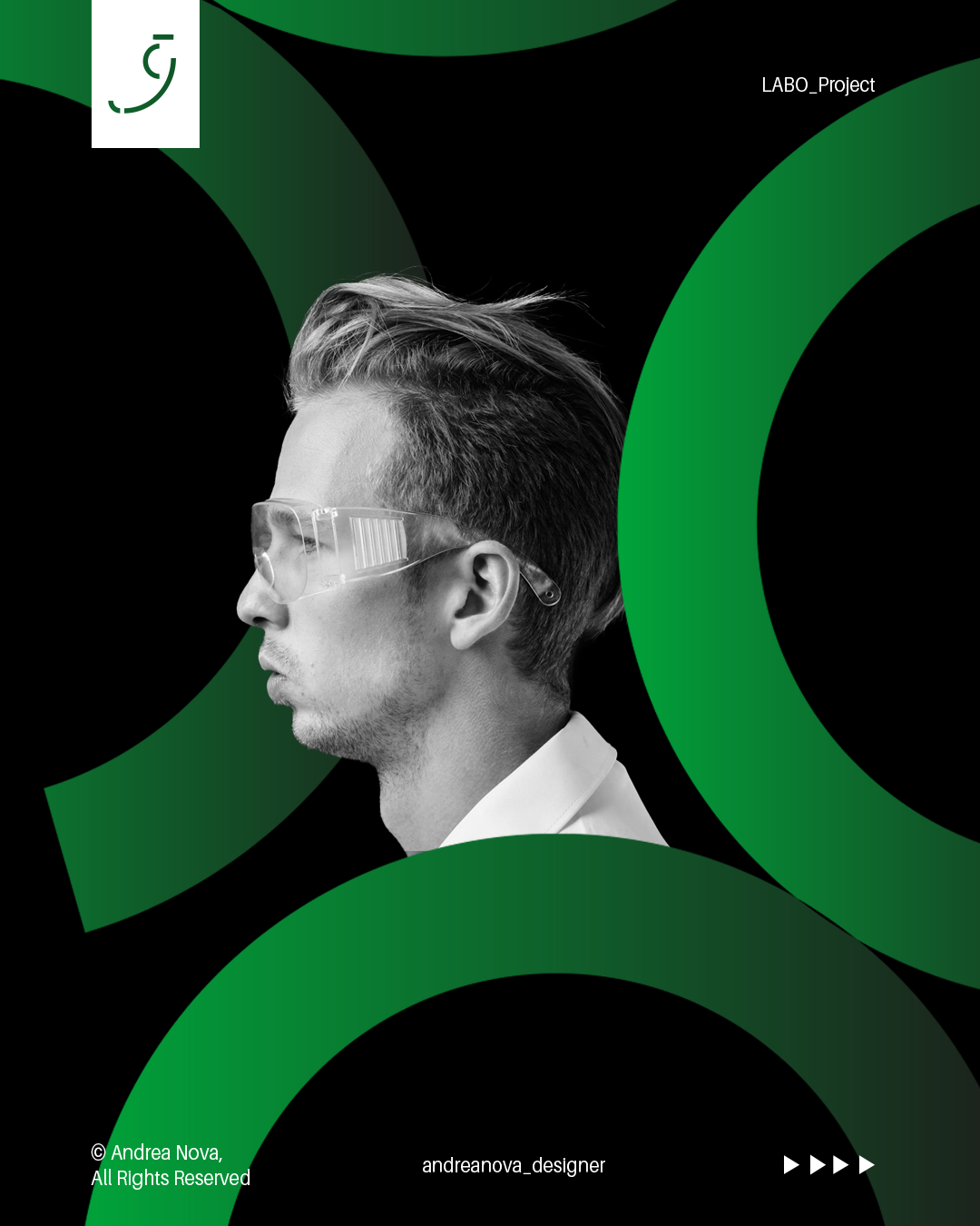 Copertina di un progetto con immagine di un uomo in profilo con occhiali protettivi, sfondo nero con elementi verdi e testo.