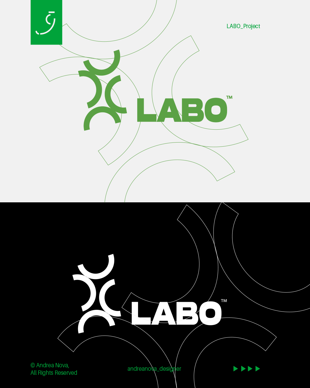 Logo del progetto LABO con design grafico di forme circolari e linee, versione in colore verde su sfondo bianco e versione in bianco su sfondo nero, include testo e marchio registrato.