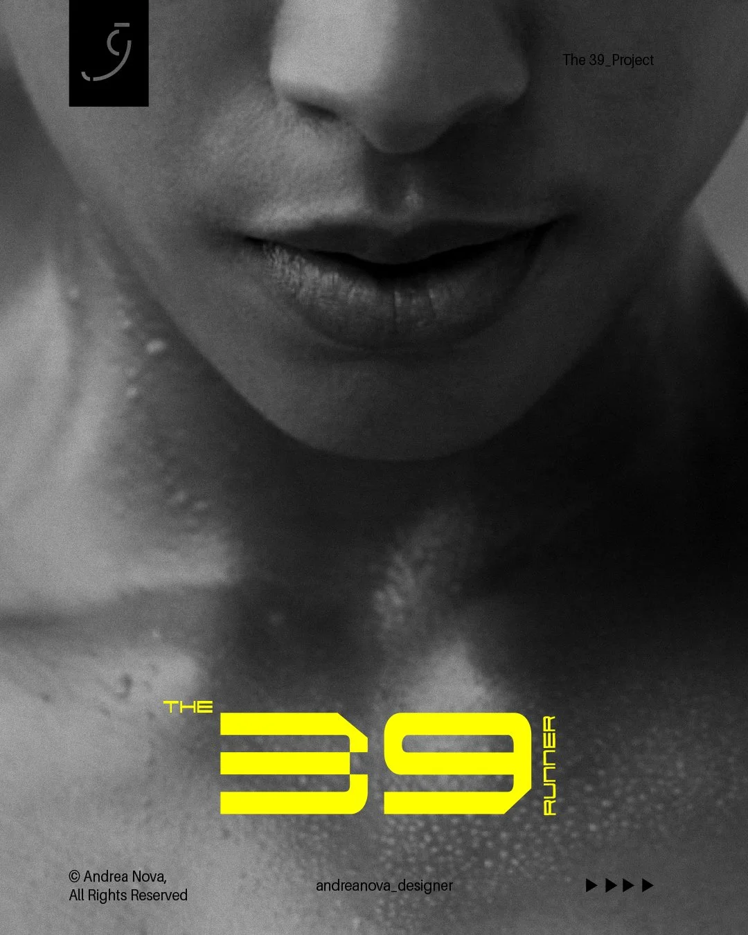 Un fumetto in bianco e nero di una donna con le labbra chiuse, con testo giallo che dice 'The 39 Runner'.