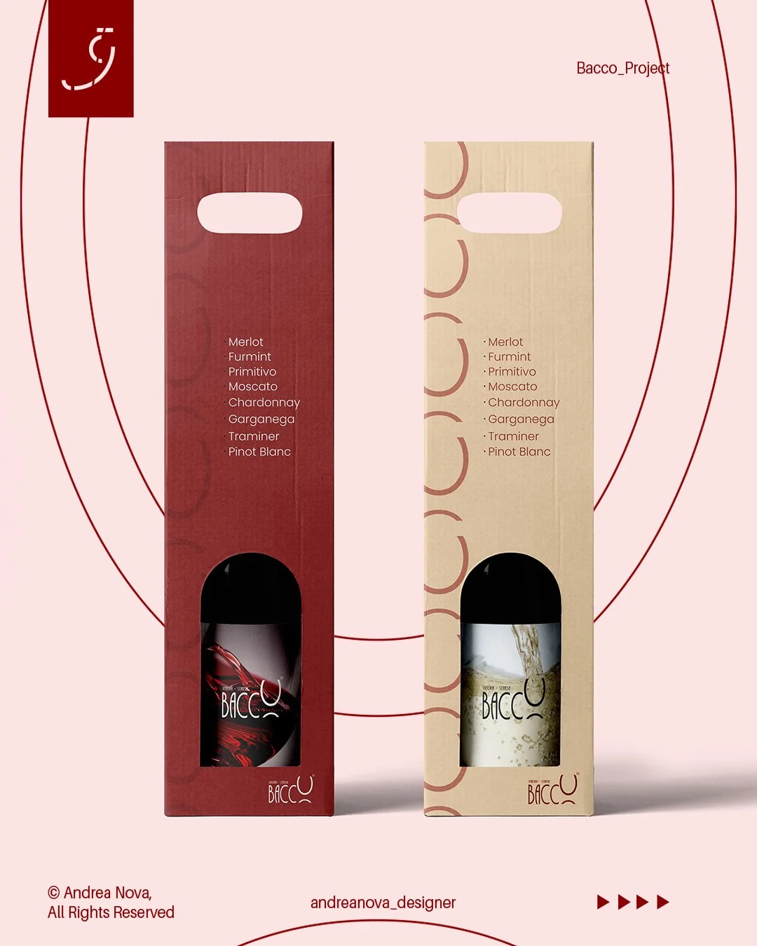 Confezioni di bottiglie di vino con etichette e scatole in cartone, una rossa e una beige, con elenco dei vitigni in italiano.