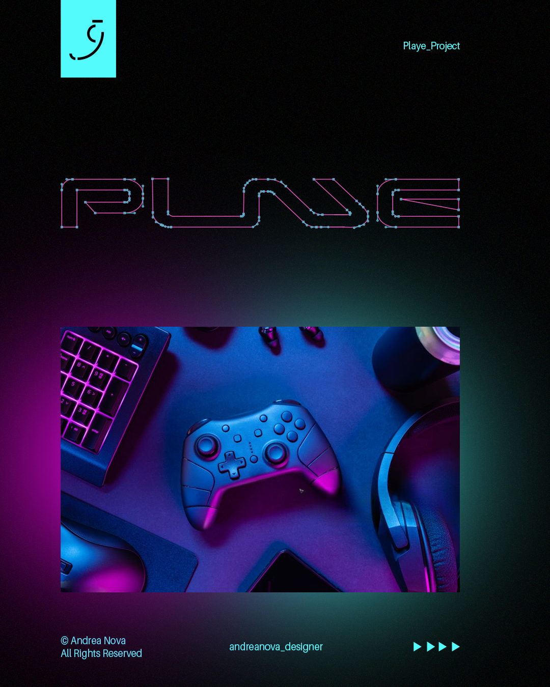 Immagine di un progetto di gioco chiamato 'PLAYE_PROJECT' con il testo stilizzato 'RAVE' sopra una foto di accessori da gaming, tra cui un controller, cuffie, una tastiera e una tazza di bevanda, con effetti di luce neon colorati.