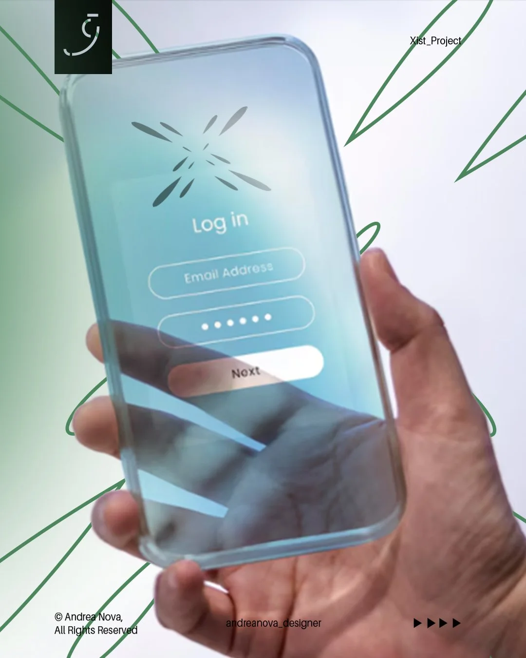 Schermata di un'app di login su uno smartphone con un logo stilizzato, campi per email e password, e un pulsante 'Next'.