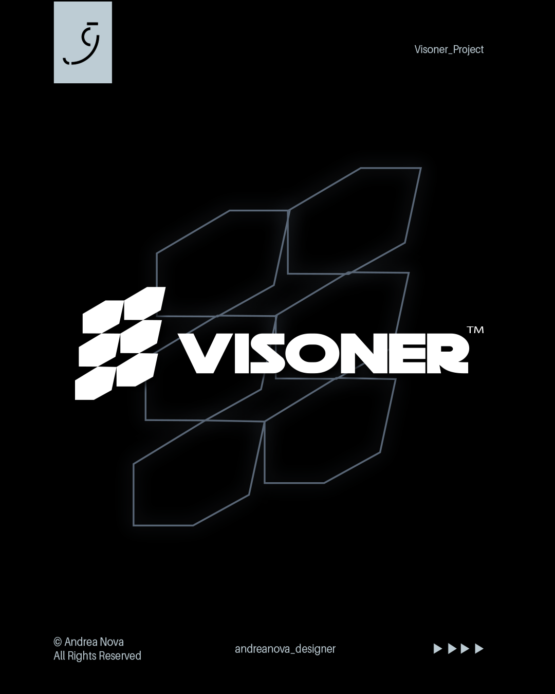 Logo del progetto Visoner con sfondo nero, elementi geometrici e testo in bianco.