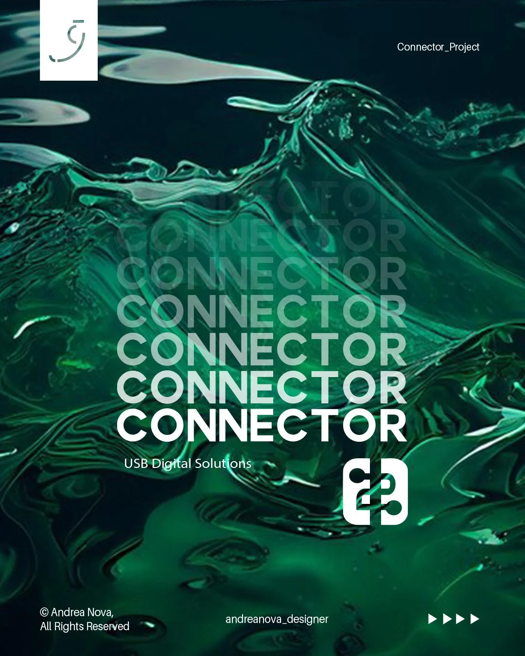Copertina di un catalogo di soluzioni digitali USB con sfondo di un'onda d'acqua verde scuro e dettagli fluidi, con testo ripetuto 'CONNECTOR' e il logo di una presa USB in basso a destra.