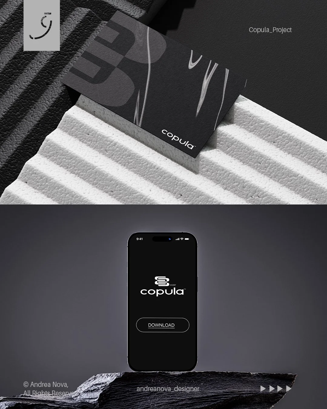 Immagine composta da due parti: la parte superiore mostra vari biglietti di carta neri e grigi con il logo e il nome 'copula', posti su una superficie di schiuma bianca e fondamentalmente nera. La parte inferiore mostra uno smartphone con schermo nero che visualizza il logo 'copula' e il pulsante 'Download', appoggiato su una roccia nera. Minima, elegante, in stile moderno e minimalista.