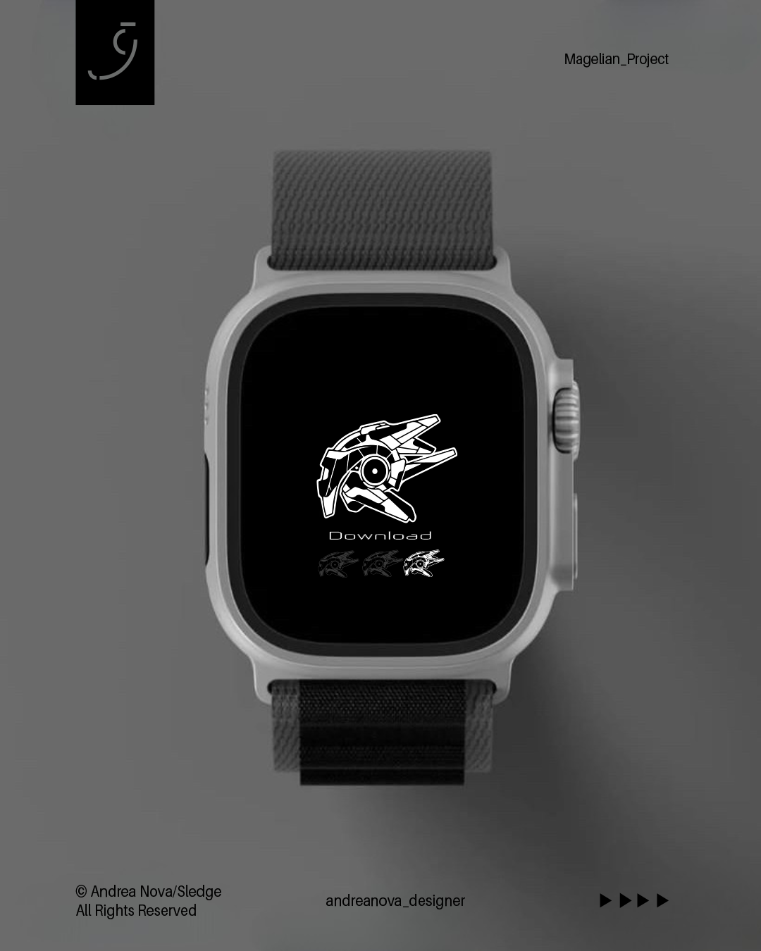 Orologio smart con schermo nero che mostra un'illustrazione di un casco futuristico e l'opzione di download. In basso, tre piccole immagini dello stesso casco e il testo "Download".