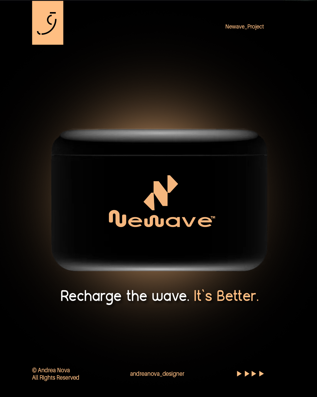 Immagine di una scatola nera con il logo di Newave e la scritta "Recharge the wave. It’s Better." La scatola è al centro dell'immagine su uno sfondo scuro con un effetto di luce diffusa attorno.