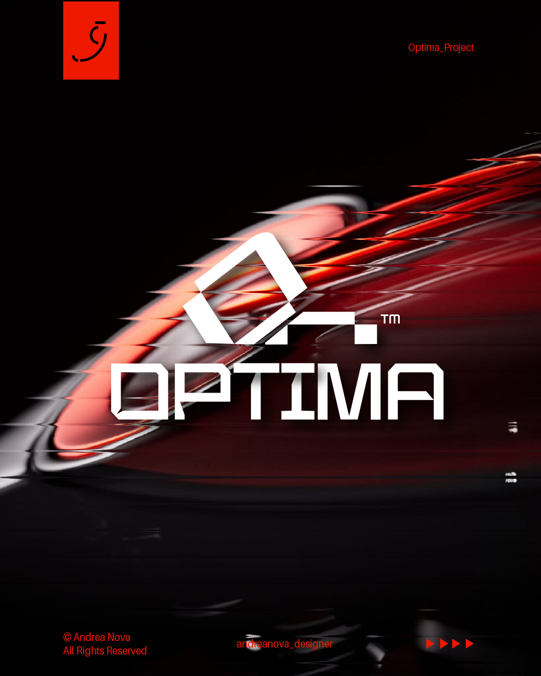 Copertina di un progetto chiamato 'Optima' con un logo stilizzato, sfondo nero con linee rosse e bianche, in alto a sinistra il logo e in alto a destra la scritta 'Optima_Project'.