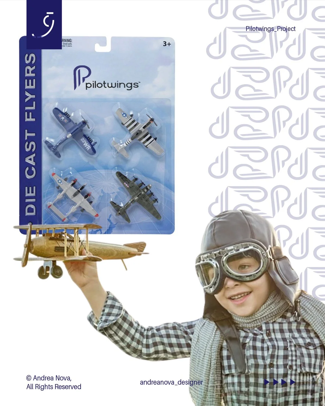 Bambino con casco e occhiali vintage che sorride, tiene in mano un modellino di aereo di legno, sfondo con pattern di aerei stilizzati, confezione con modellini di aerei in modulo di volo.