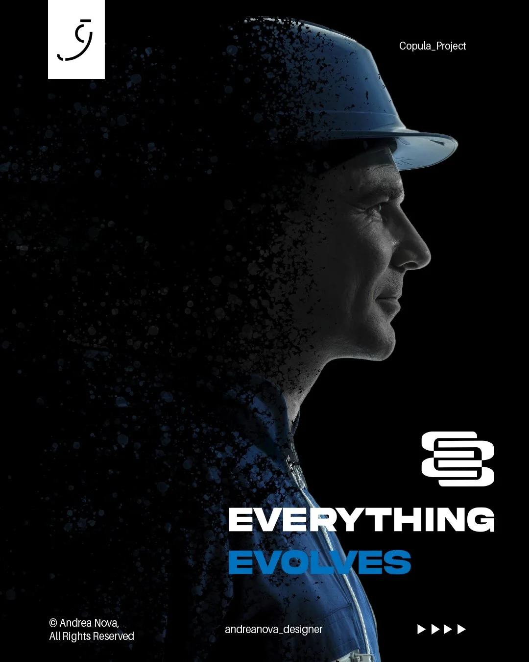 Copertina di un progetto chiamato 'Everything Evolves' con un'immagine in profilo di un uomo che indossa un casco da lavoro, con un effetto digitale di disintegrazione a sinistra e sfondo nero.