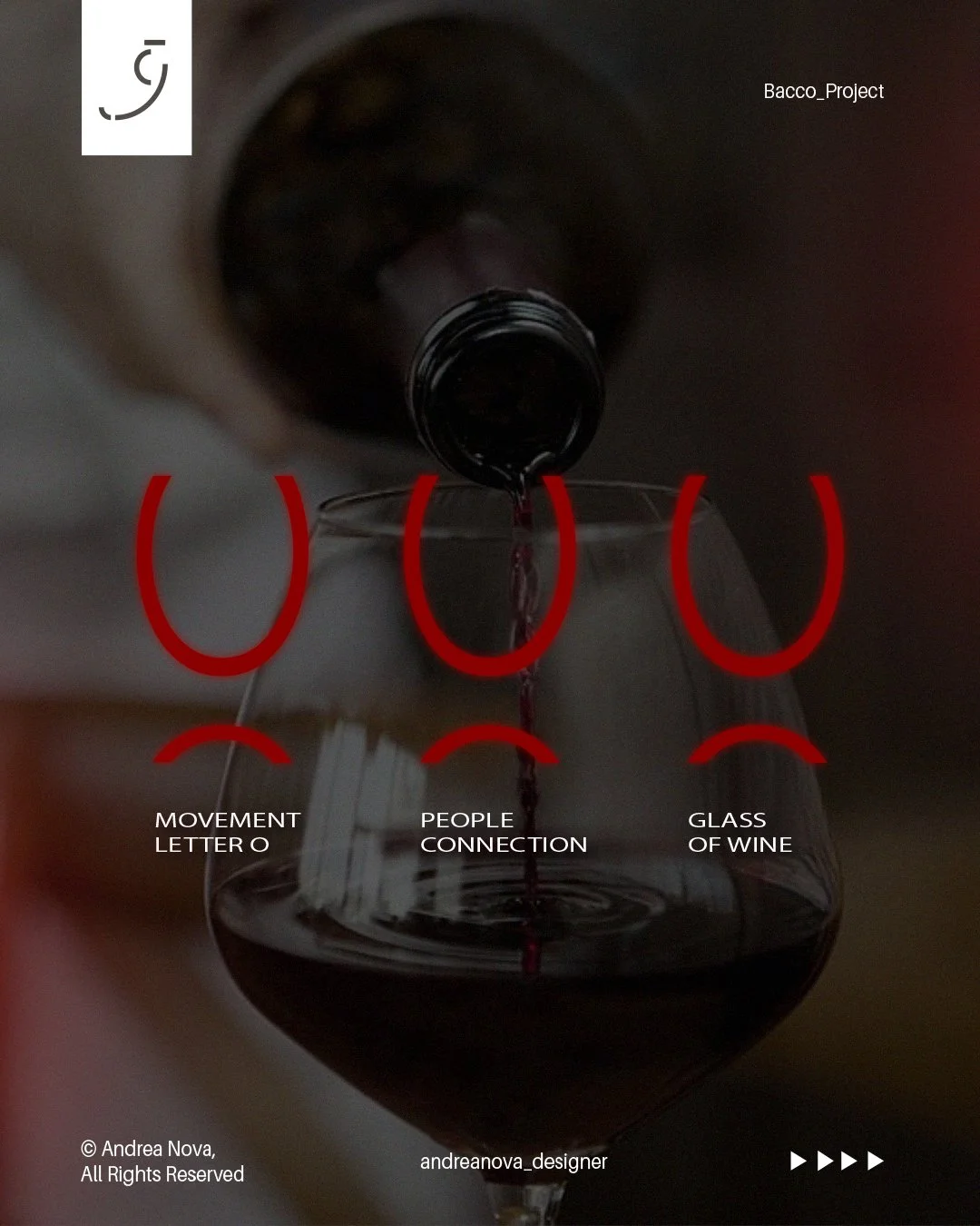 Immagine di un bicchiere di vino rosso con una bottiglia che versa il vino nel bicchiere. Sopra il bicchiere ci sono tre simboli a forma di U rossi, ognuno con una linea in basso che rappresenta le diverse connessioni tra le persone, il movimento della lettera 'O' e il bicchiere di vino.