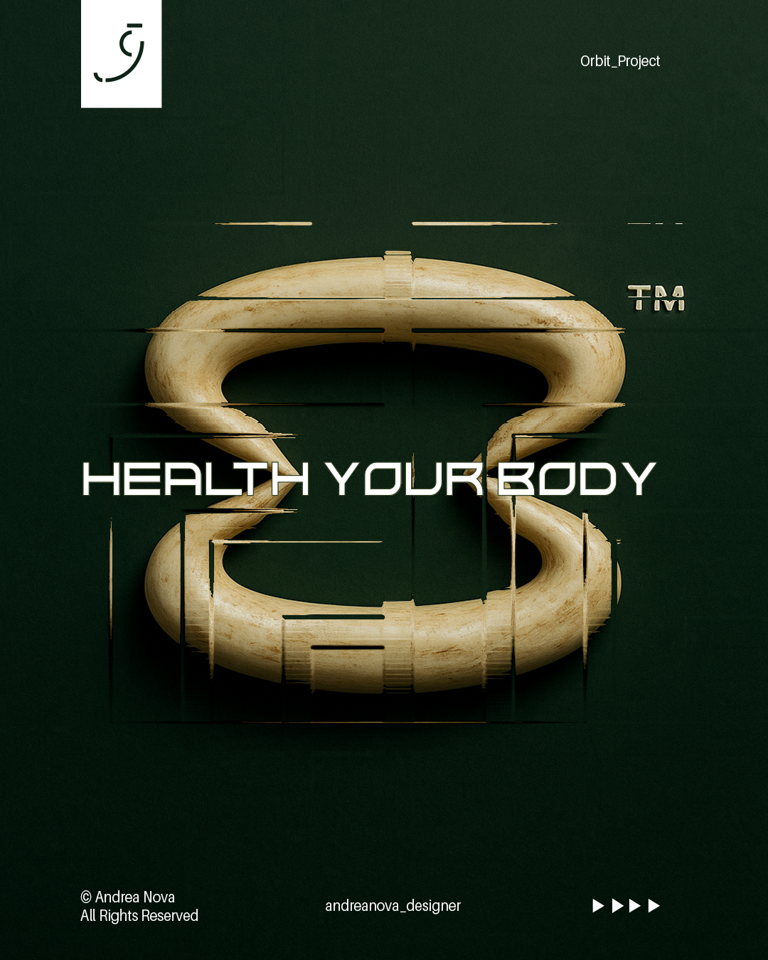 Design grafico con la scritta "Healthy Your Body" sovrapposta a un elemento decorativo a forma di ottava nota con sfondo verde scuro.
