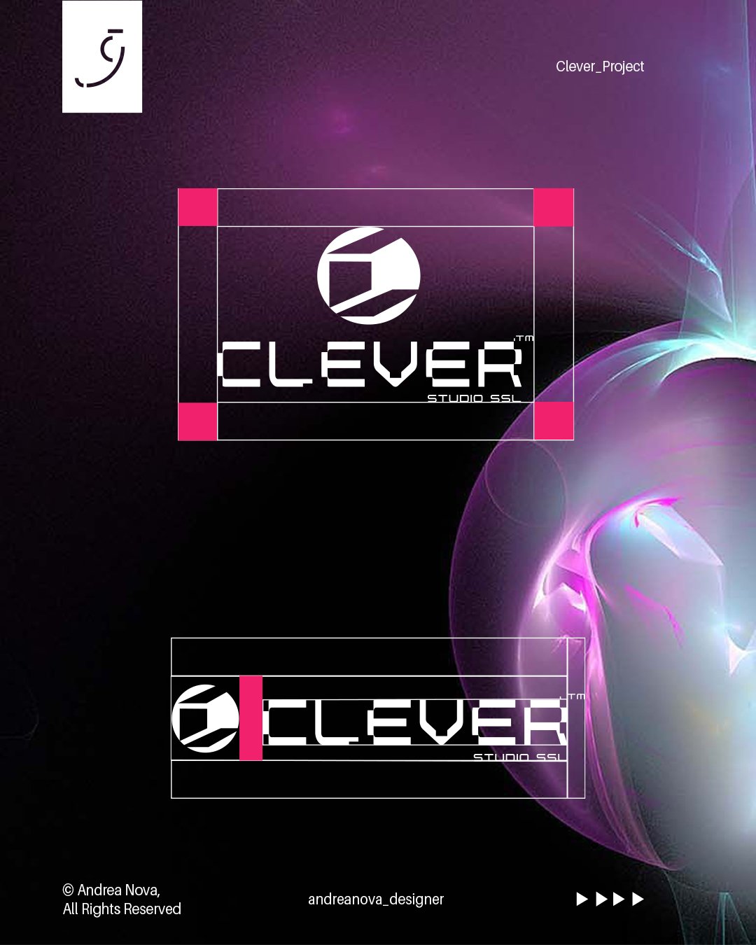 Design digitale con sfondo viola e neon, logo di Clever Studio S.S. e firma di Andrea Nova, con come esempio due versioni del logo con dettagli rosa e bianco.