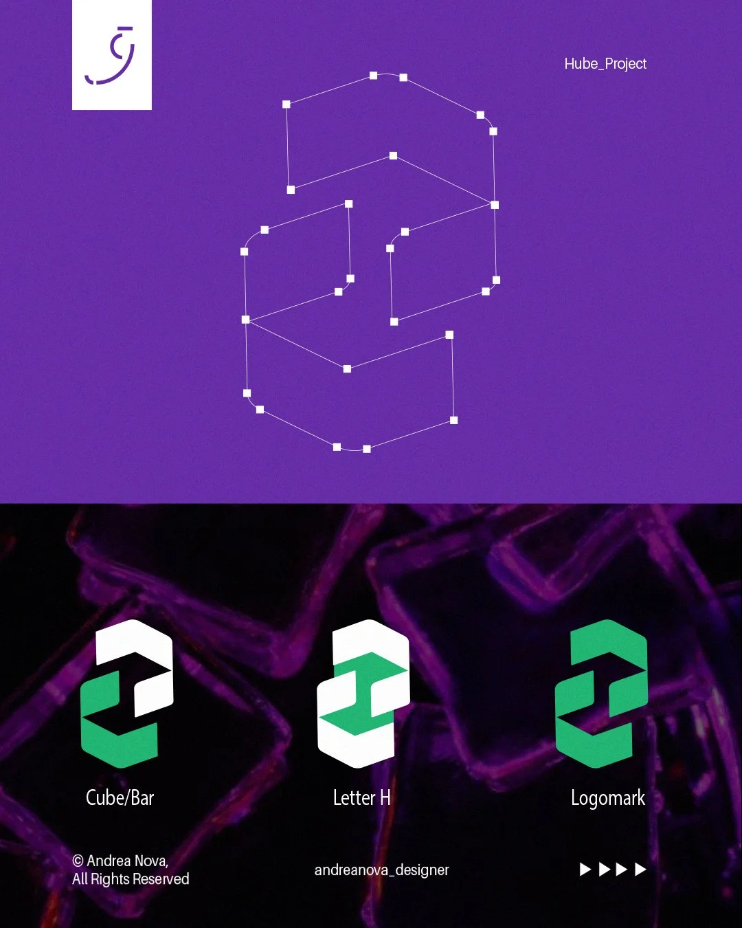 Layout di un progetto grafico con il logo di Hube Project, rappresentazione di un logo 3D chiamato Cube/Bar, e icone per la lettera H e logomark, con sfondo viola e dettagli grafici luminescenti.