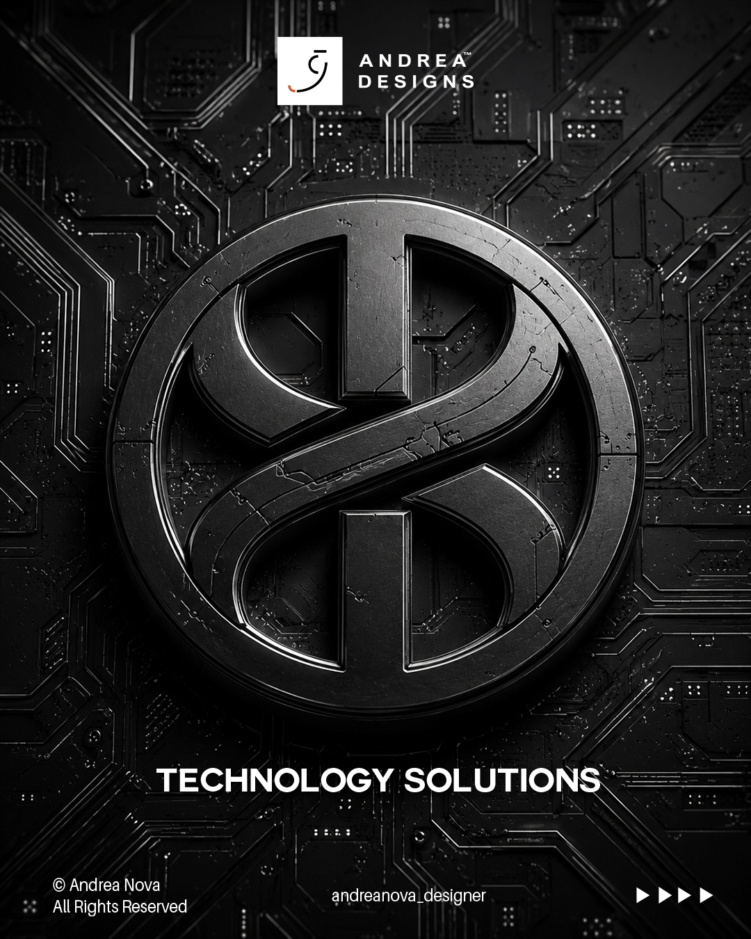 Logo di Andrea Design con testo 'Technology Solutions' su sfondo di circuito elettronico nero.