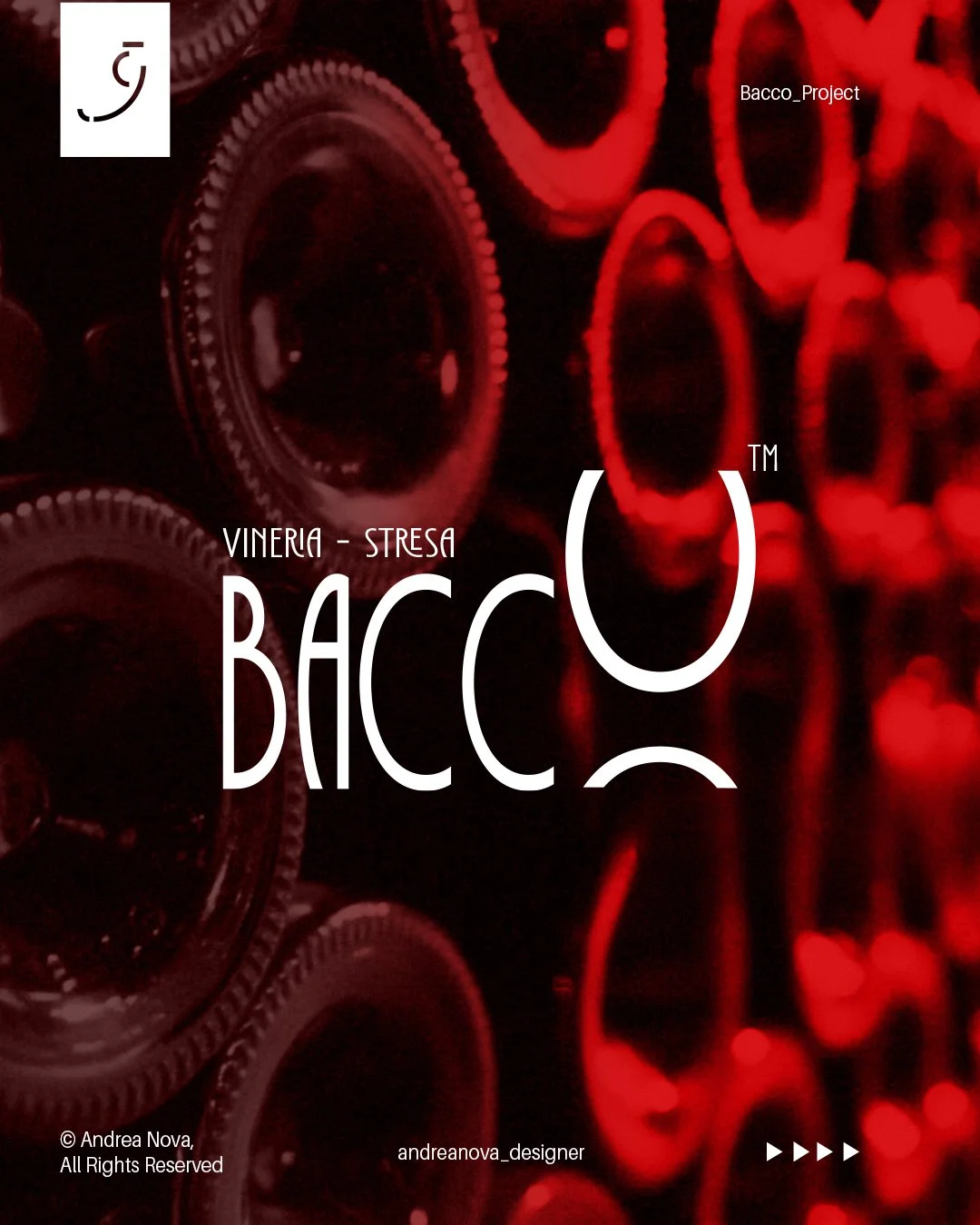 Design grafico con sfondo di bottiglie di vino retroilluminate rosso, testo in bianco 'Vineria - Stresa Bacco'.