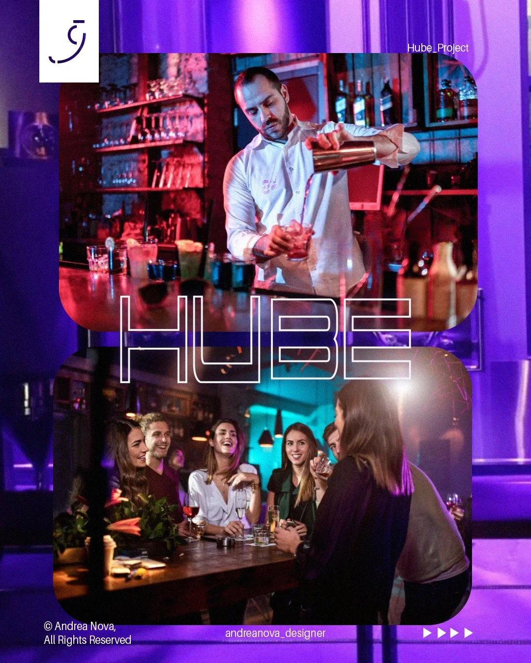 Una scena in un bar o ristorante con un barista che prepara un cocktail e un gruppo di persone che chiacchierano e si divertono, illuminati da luci colorate.
