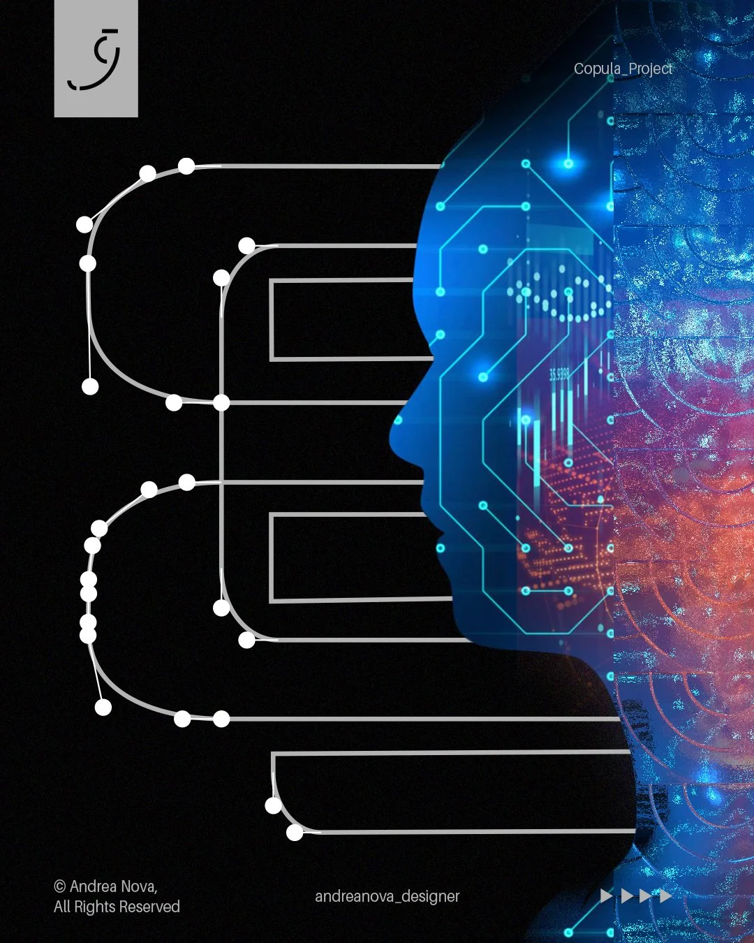 Immagine di un profilo di una testa umana stilizzata, metà composta da circuiti elettronici e luci blu, rappresentando il tema dell'intelligenza artificiale e tecnologia. Sfondo nero con disegni di circuiti e linee di connessione.