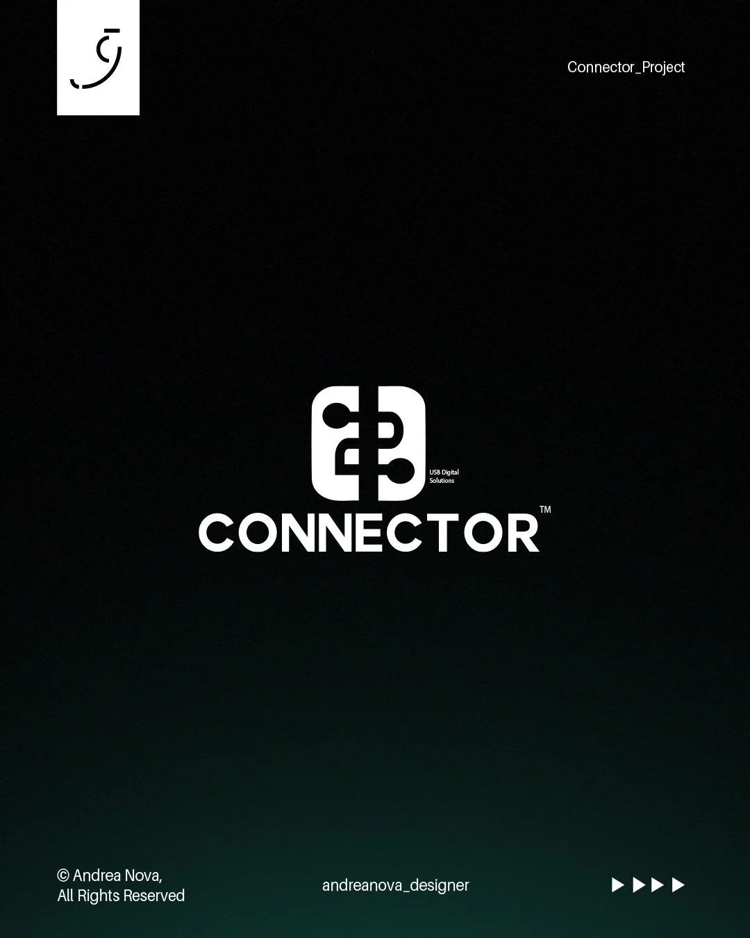 Copertina di un progetto chiamato 'Connector' con uno sfondo scuro e il logo bianco al centro, include testo 'USB Digital Solutions' e informazioni sul designer Andrea Nova.