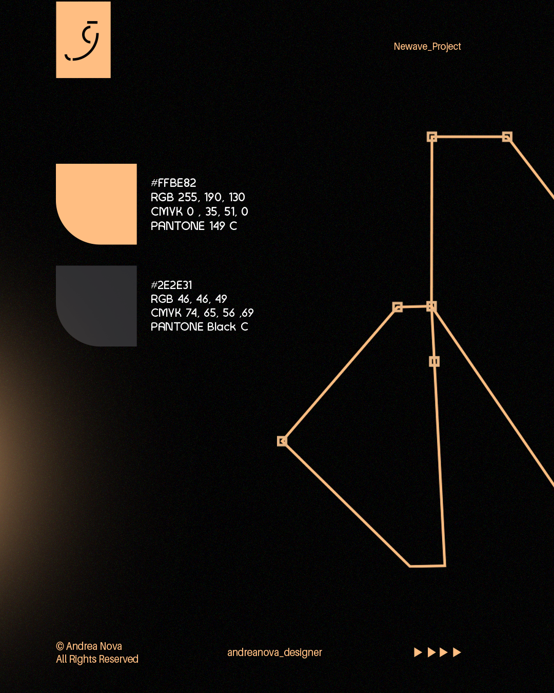 Schema di progetto digitale con colori beige e nero, contenente dettagli di colore e codice per due tonalità, un diagramma geometrico e riferimenti all'autore Andrea Nova.