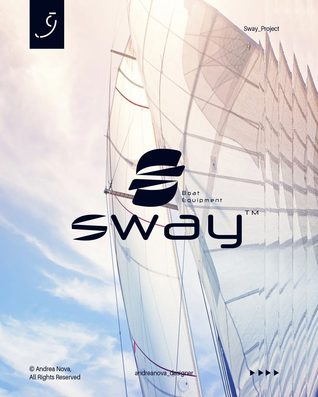 Immagine di una barca a vela con vele trasparenti e luci solari, con grafica di un logo e testo in inglese: 'Sway Boat Equipment', presente in cima e in basso, e un nome e un copyright. La scena è illuminata dalla luce del sole.