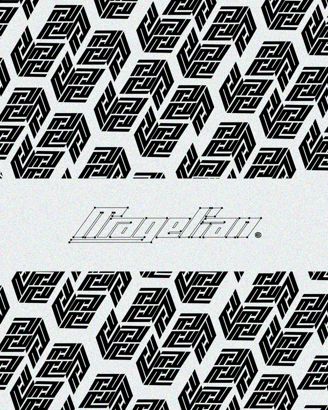 Pattern geometrico con loghi in stile retrò, con la parola 'VICELAND' scritta in caratteri decorativi sopra e sotto, e il nome 'VICELAND' in stile digitale al centro.