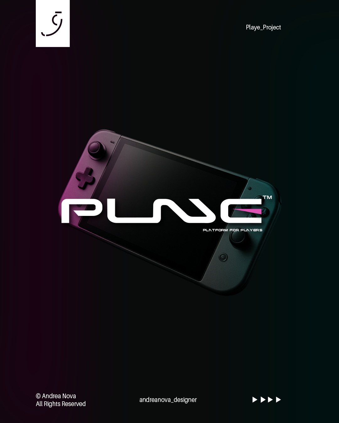 Immagine di una console di gioco portatile con il logo 'PL4Y3' in primo piano e testo 'PLATFORM FOR PLAYERS' sotto. Sfondo nero con dettagli di design tecnologici ed effetti di luce