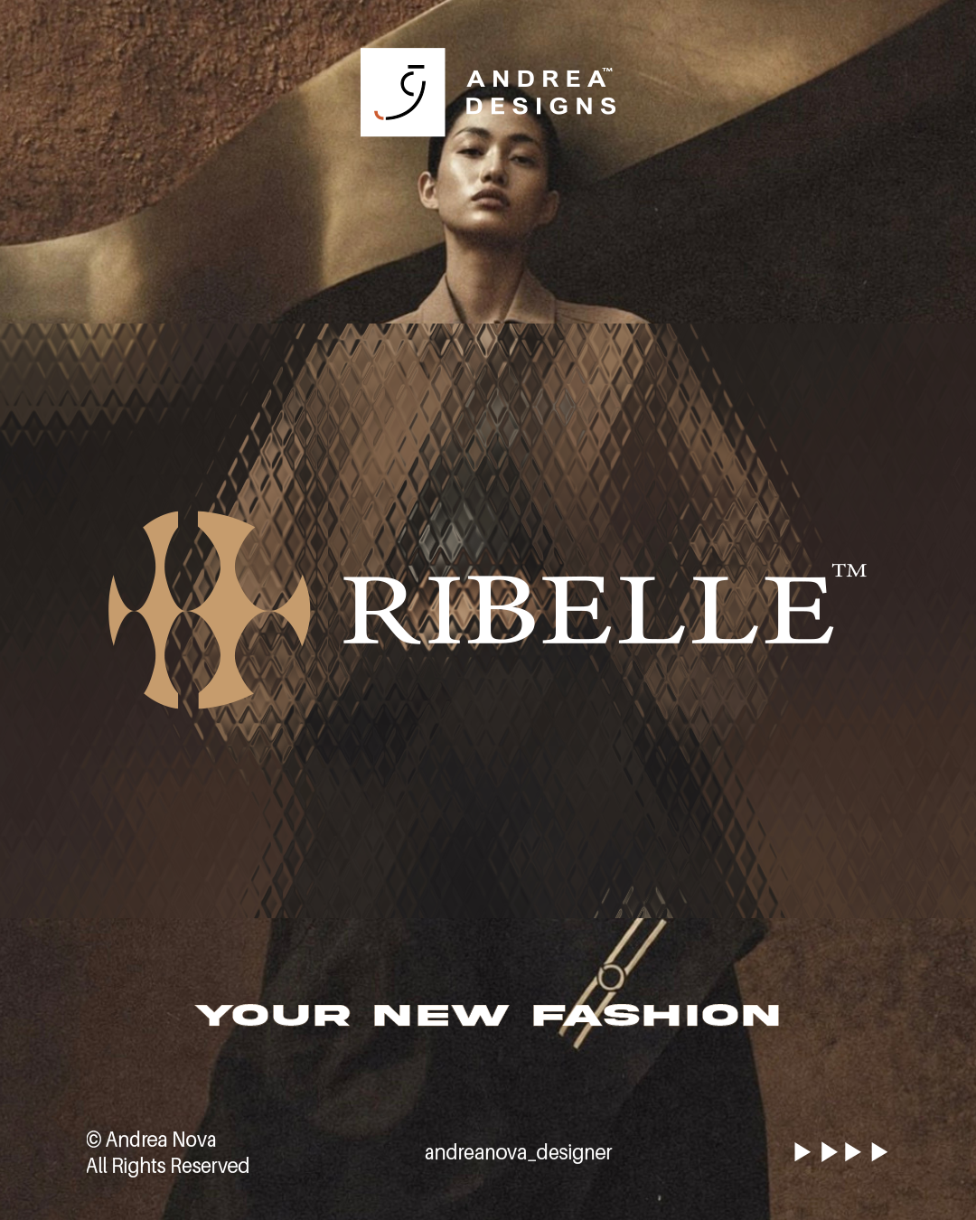 Poster pubblicitario per il marchio di moda Ribelle, con immagini di modelli e logo del designer Andrea Nova.