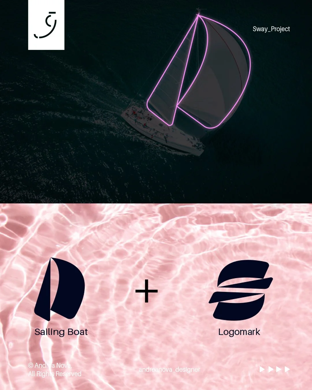 Immagine divisa in due parti: la parte superiore mostra una barca a vela con vele illuminate dal neon rosa, sul mare di notte; la parte inferiore mostra due simboli, uno di una barca a vela e uno di un logo, con le scritte "Sailing Boat" e "Logomark".