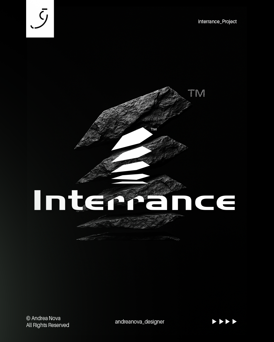 Copertina di un progetto chiamato 'Interrance' con un logo di un volto stilizzato in alto a sinistra, immagini di rocce galleggianti e il testo 'Interrance' in bianco in basso. Autore Andrea Nova.