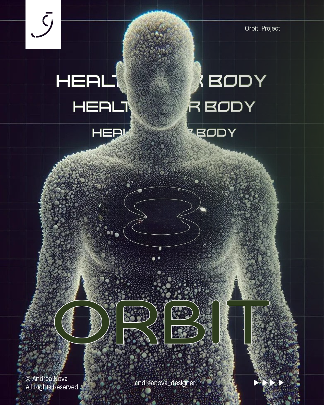 Figura umana digitale formata da particelle con un logo orbit in alto a destra e la parola orbit in grande testo in basso. Sulla figura sono presenti disegni di linee concentriche