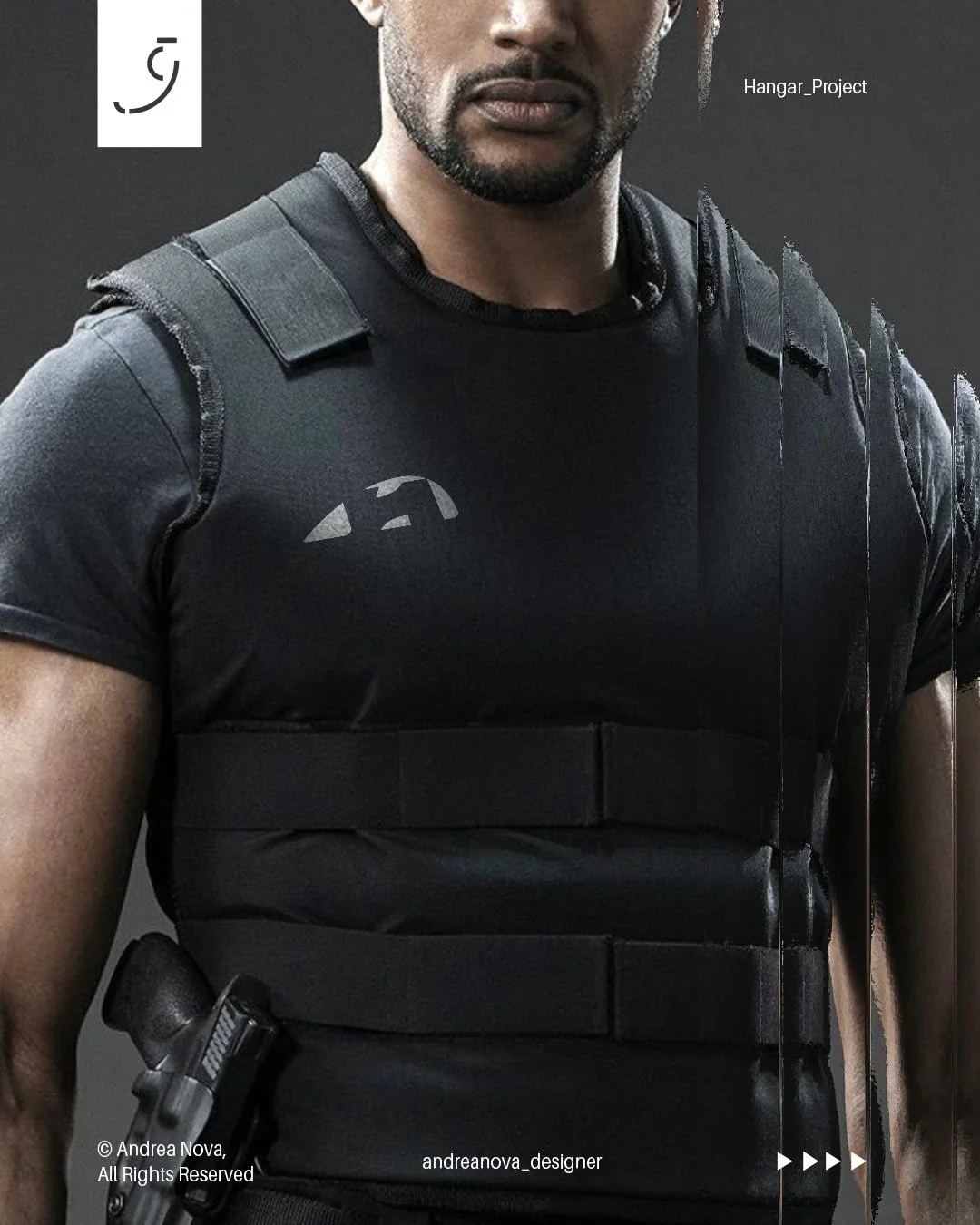 Uomo in uniforme di sicurezza o militare nero con giubbotto tattico e pistolero. Segnalato come progetto Hangar_Project.