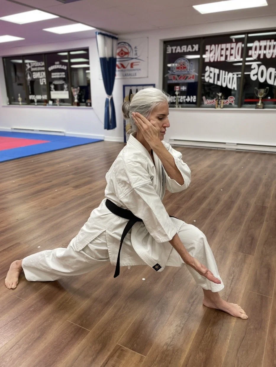 Montreal model doing karate wearing her black belt
