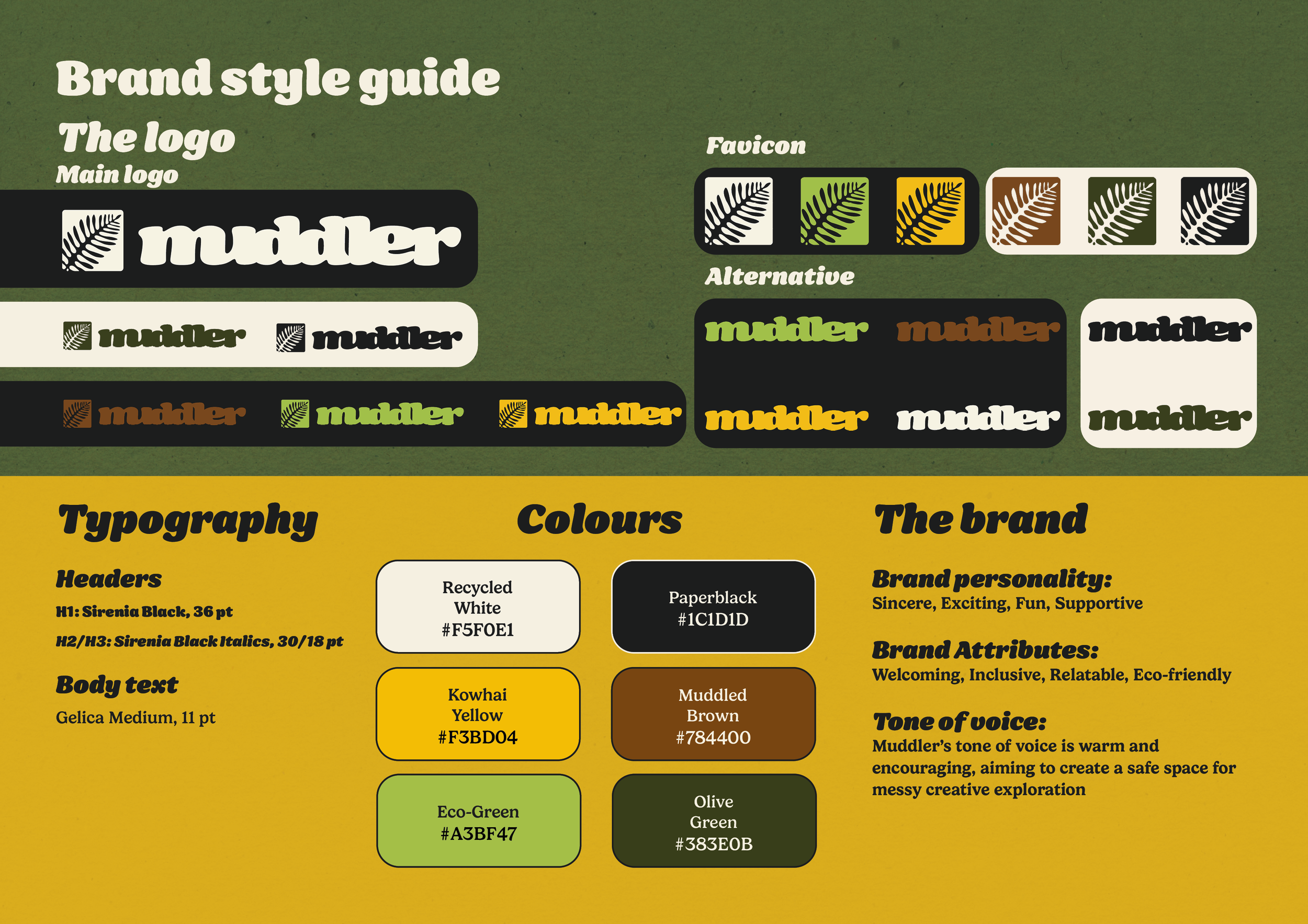 Brand style guide for the fictional art supply brand Muddler, feauturing logo variations, colours and typography
