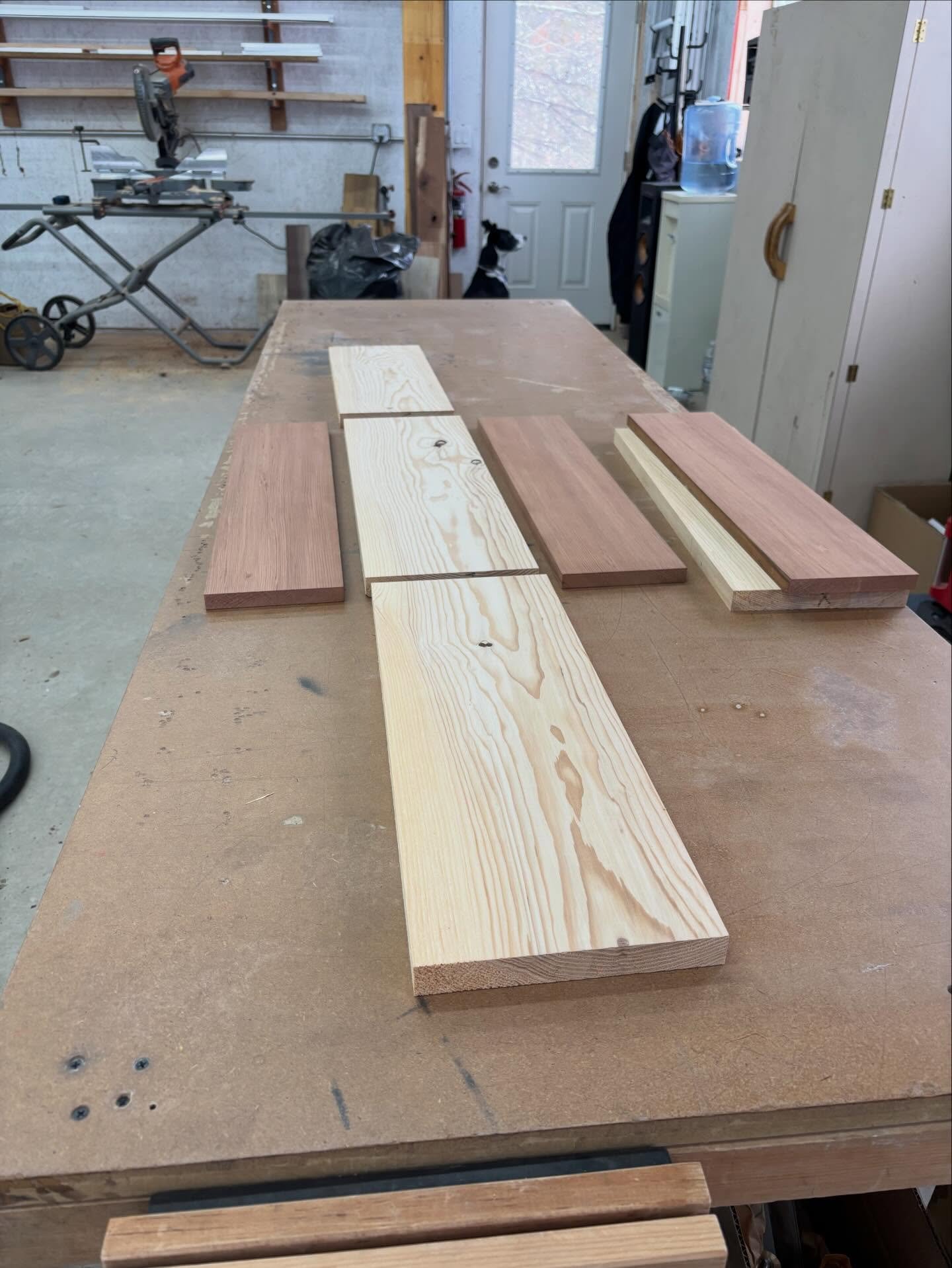 This is how all of my totes start: ideally cut from a single board with another board book-matched for the sides&hellip;and the dog in the background looking at a random spot on the wall. 
.
.
.
#hornbeamcraft #totes #handmade #michigan #woodcraft