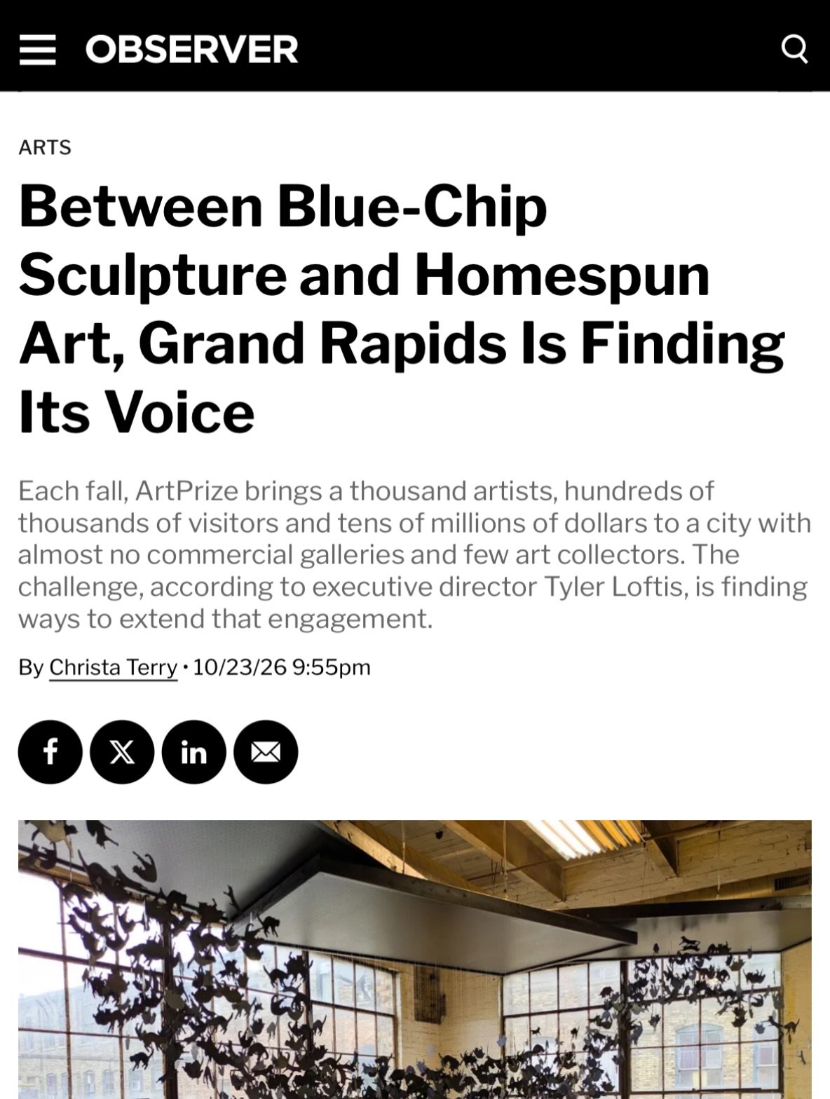 Thank you to @christa__terry for a photo and credit in her article in @observer! We&rsquo;re so pleased to have been included in the @veil_gr show at 1101 Godfrey for @artprize. Link to the whole article in my bio.