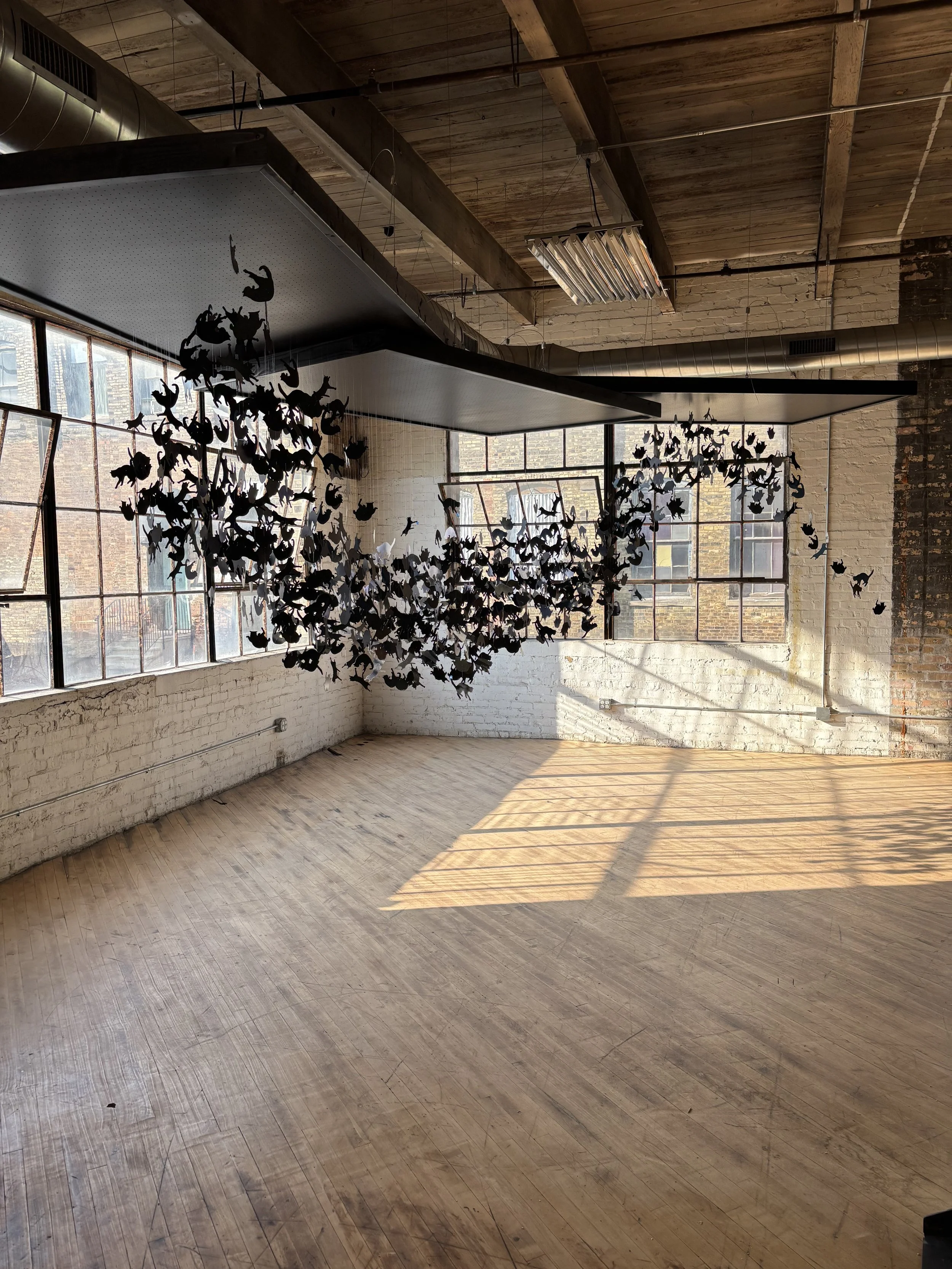 Hundreds of black cat shapes hanging from fine wire in the shape of a flock of birds